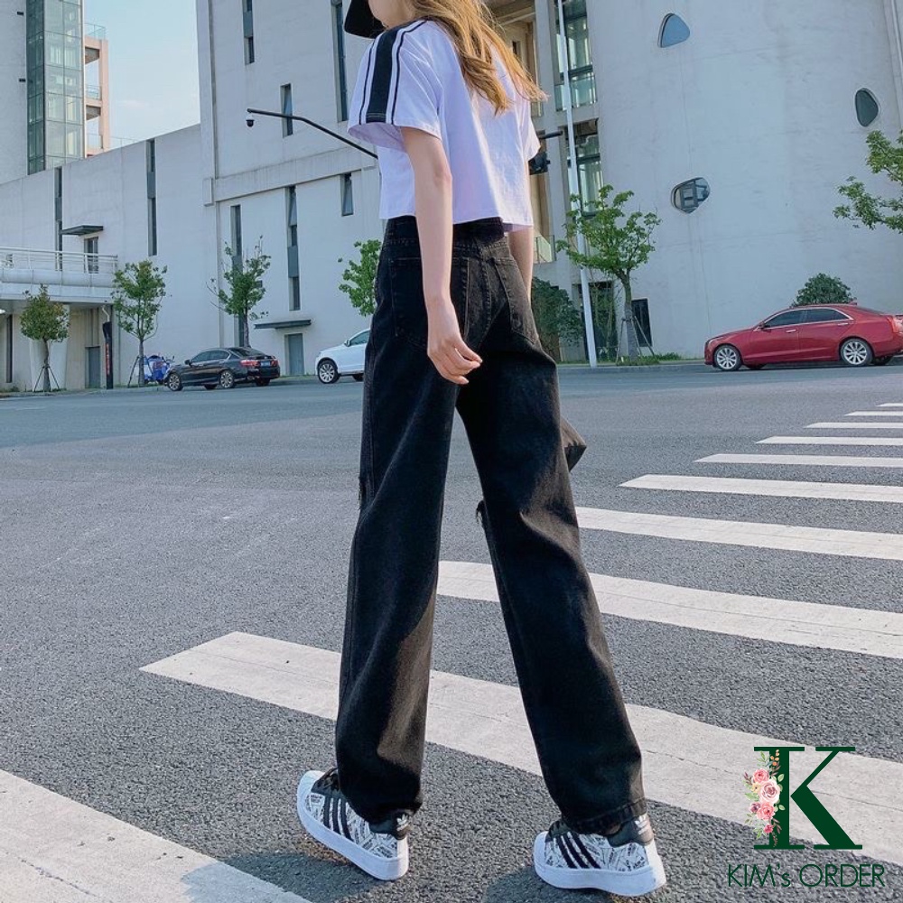 Quần jeans nữ ống suông rộng màu đen màu trắng rách ống cá tính phong cách Ulzzang đủ size thời trang