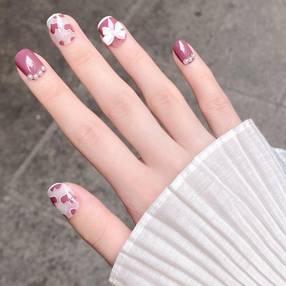 Bộ Móng Tay Giả 3D Hình Nơ Trái Tim Dễ Tháo Rời Phong Cách Nhật Bản