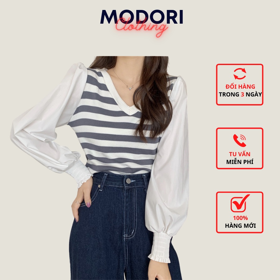 Áo len nữ kiểu cổ chữ V phối tay sơ mi bồng nhẹ 3 màu xinh xắn