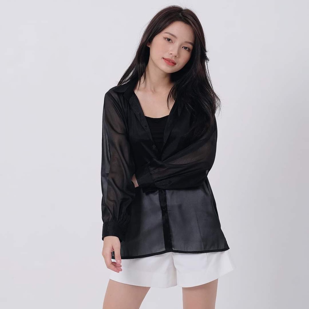 Áo sơ mi voan mỏng tay phồng, Sơ Mi Kiểu Tay Dài Hàn Quốc