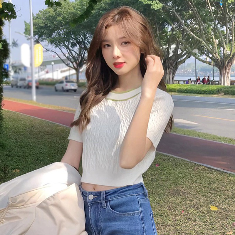 Áo Phông Áo Croptop Áo Thun Dệt Kim Tay Ngắn Cổ Tròn Màu Sắc Tương Phản Thời Trang Cho Nữ