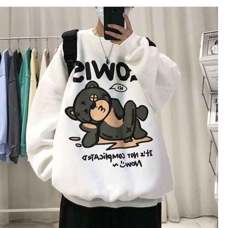Áo Sweater Tay Dài Cổ Tròn Dáng Rộng In Hình Gấu Hoạt Hình Phong Cách Hip hop Thời Trang Cho Nam Giới Size M-5XL