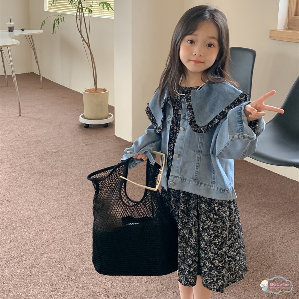 Bộ 2 Món Áo Khoác Denim + Đầm Hoa Cổ Bẻ Thiết Kế Dễ Thương Cho Bé Gái
