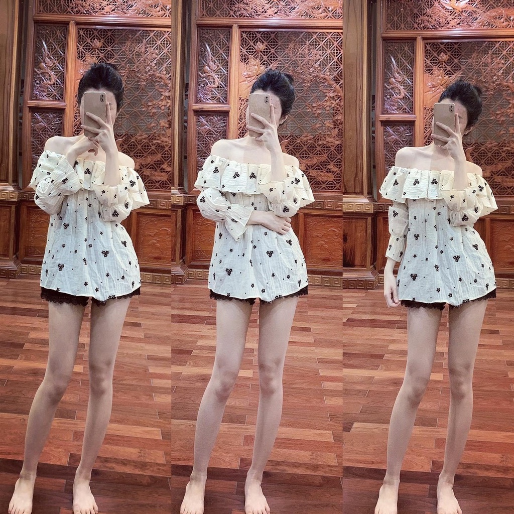 Áo Trễ Vai Dài Tay Hoa Nhí - Áo Trễ Vai Bánh Bèo Cho Các Nàng Đi Tiệc Hoặc Dạo Phố