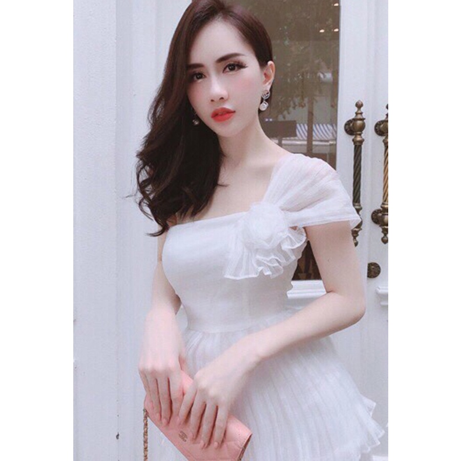 Đầm dự tiệc dáng xòe phối tầng lệch vai sang trong váy đi cưới dạo phố siêu xinh