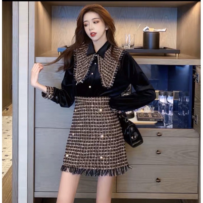 Sét dạ áo nhung kèm chân váy dạ phong cách cổ điển