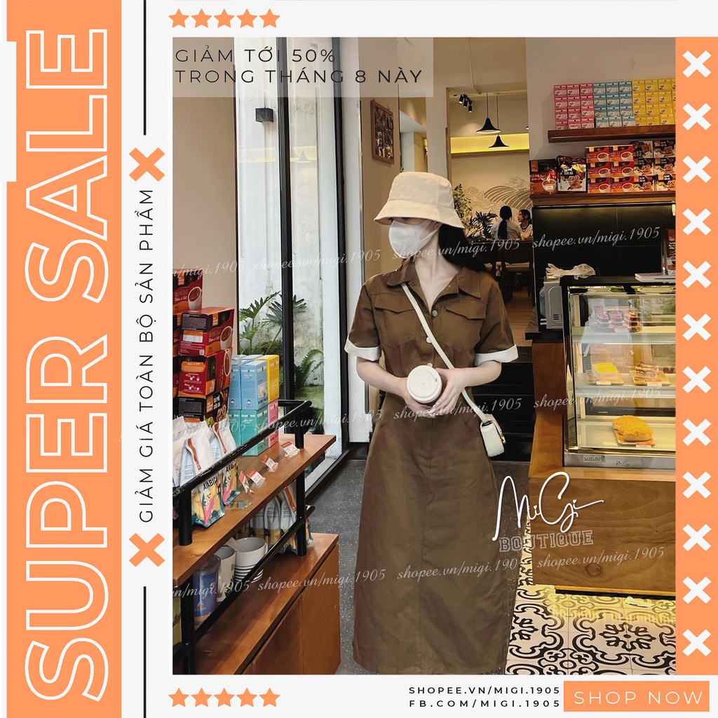 0007HP Váy Sơ Mi Kaki Nâu Cúc Cổ Bẻ Phối Tay Viền Trắng Kèm Đai, Đầm Sơ Mi MiDi Tay Ngắn Phối