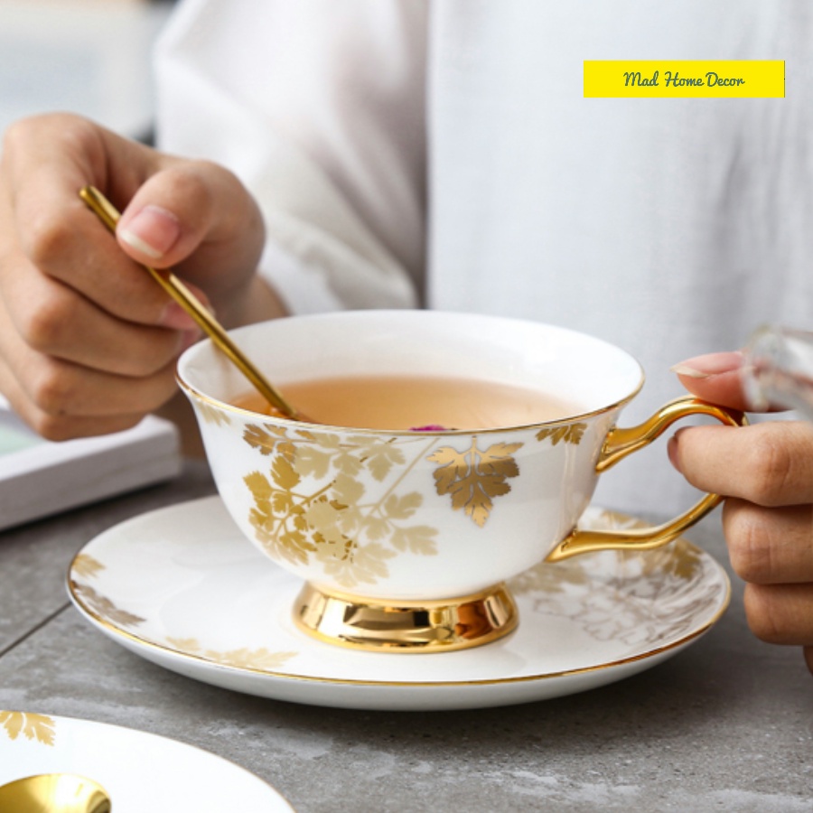 Bộ ấm sứ xương, tách trà lá phong mạ vàng 24k - An toàn, sang trọng