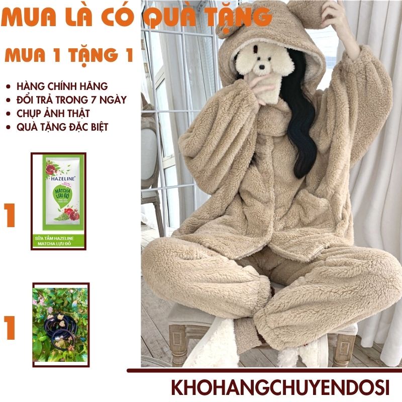 Bộ đồ ngủ mùa đông lông cừu giữ nhiệt tốt, nhung bông mềm mịn cho nữ siêu ấm, bộ mặc nhà nữ dày dặn có vòng cổ -THÔNGTHU