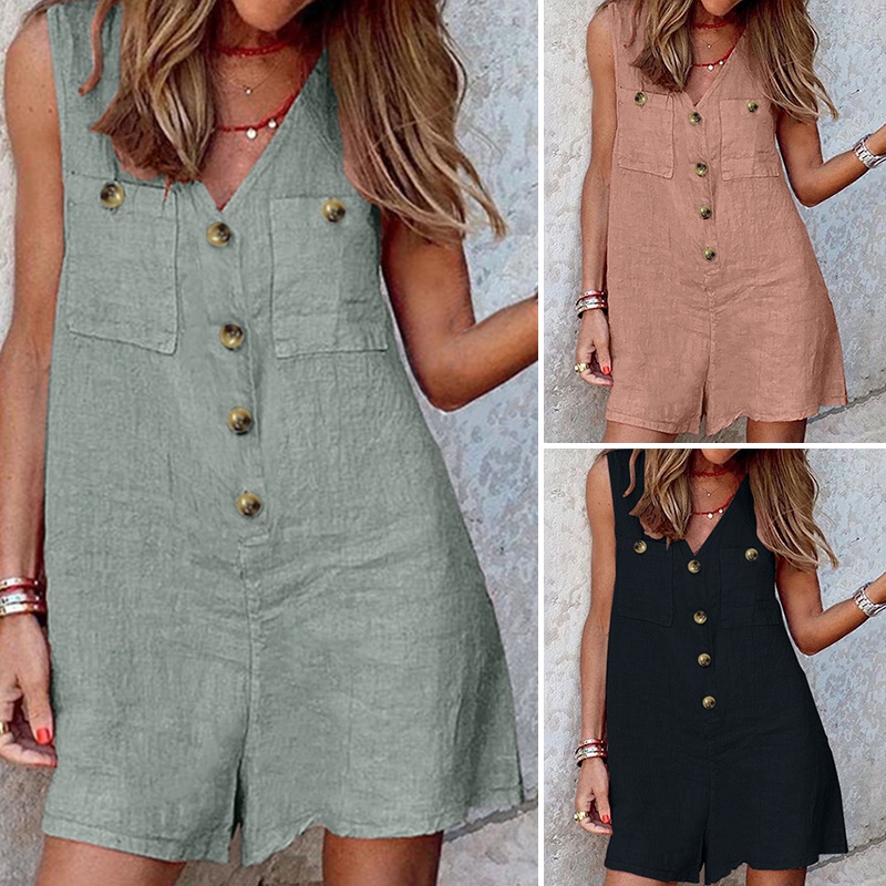 Jumpsuit ZANZEA Dáng Rộng Ngắn Vải Cotton Không Tay Màu Trơn Cổ Chữ V Cho Nữ