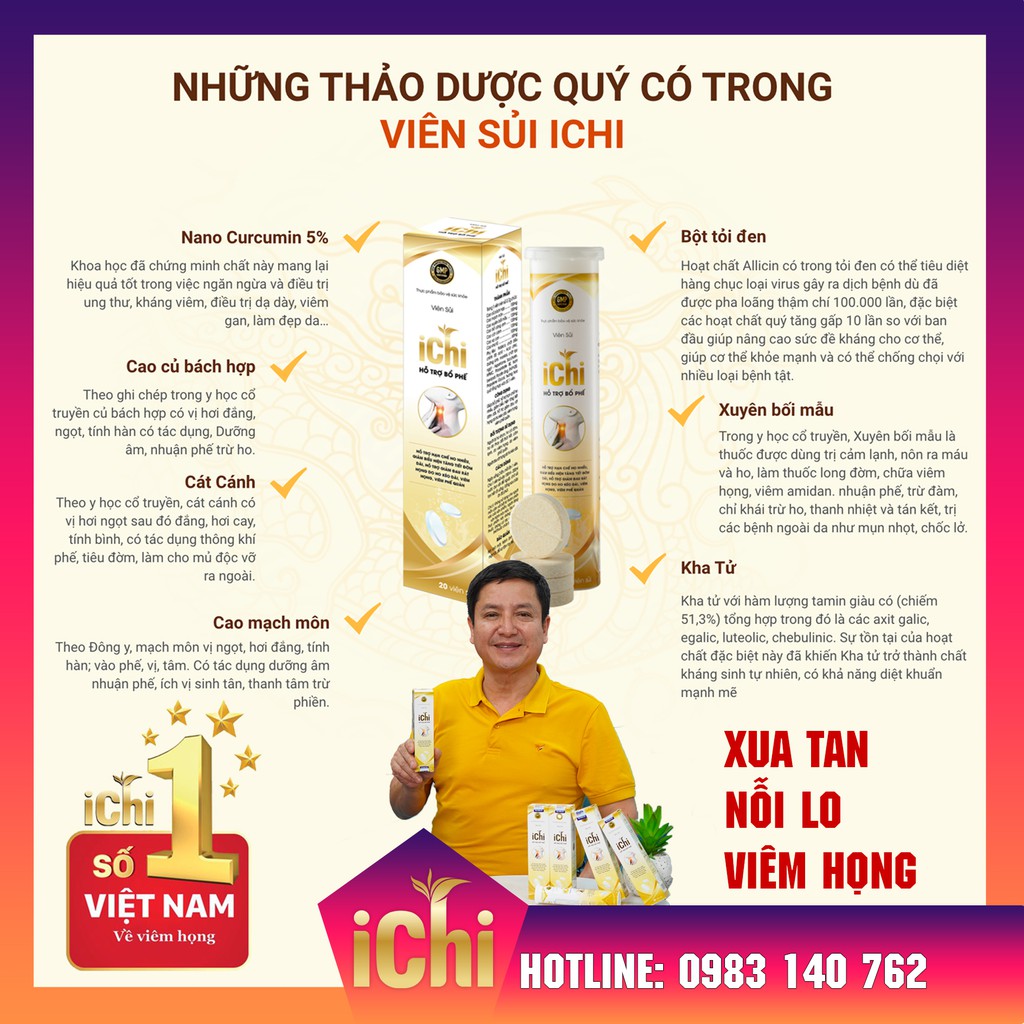 VIÊN SỦI ICHI - Đánh bay ho rát, mất tiếng, viêm họng hạt, viêm amidan - Công nghệ Nhật Bản