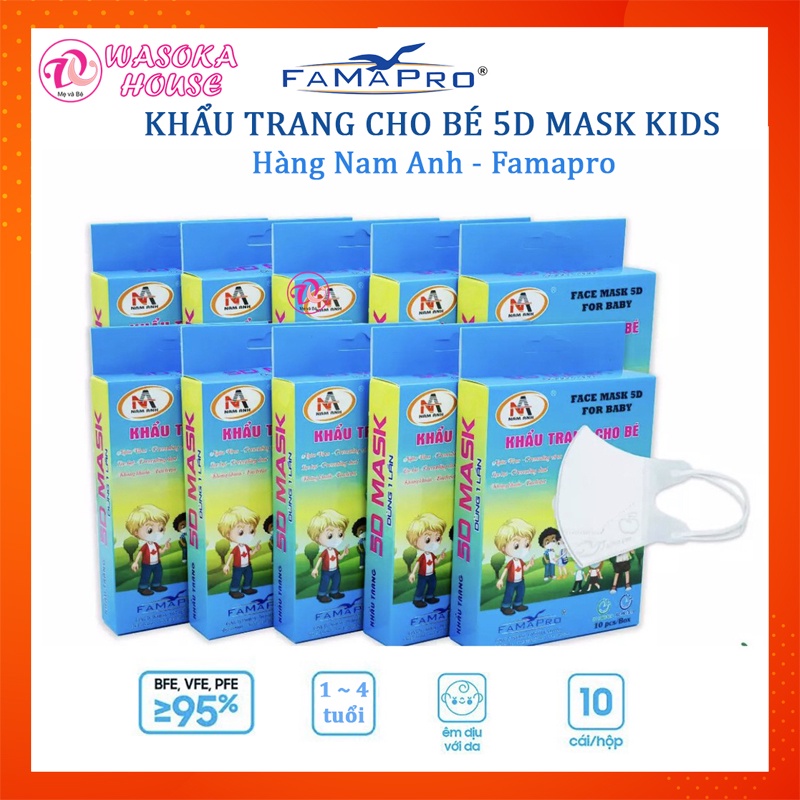 Khẩu trang y tế cho bé 3 lớp kháng khuẩn 5D mask Famapro Nam Anh, lọc bụi, không hầm bí, dây đeo mềm mại cho bé