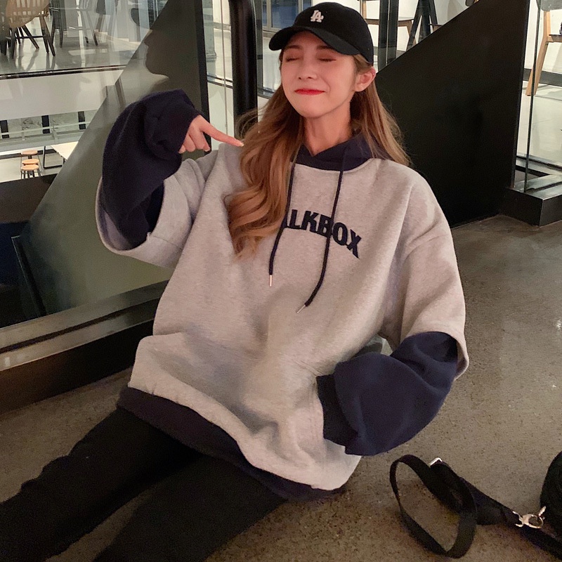 IELGY      Áo Hoodie Vải Lông Chắp Vá Dáng Rộng Phong Cách Hàn Quốc Cho Nữ