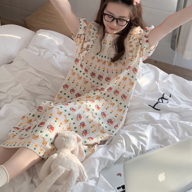 Jiashucheng Đầm Ngủ Dài Tay Ngắn In Hình Gấu Dễ Thương Phong Cách Nhật Bản Thời Trang Mùa Hè Cho Nữ