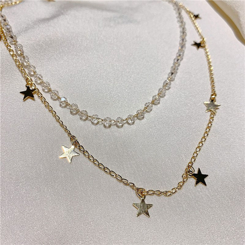 Vòng Cổ Choker Nhiều Lớp Mặt Ngôi Sao Lấp Lánh Xỏ Hạt Trong Suốt Thời Trang