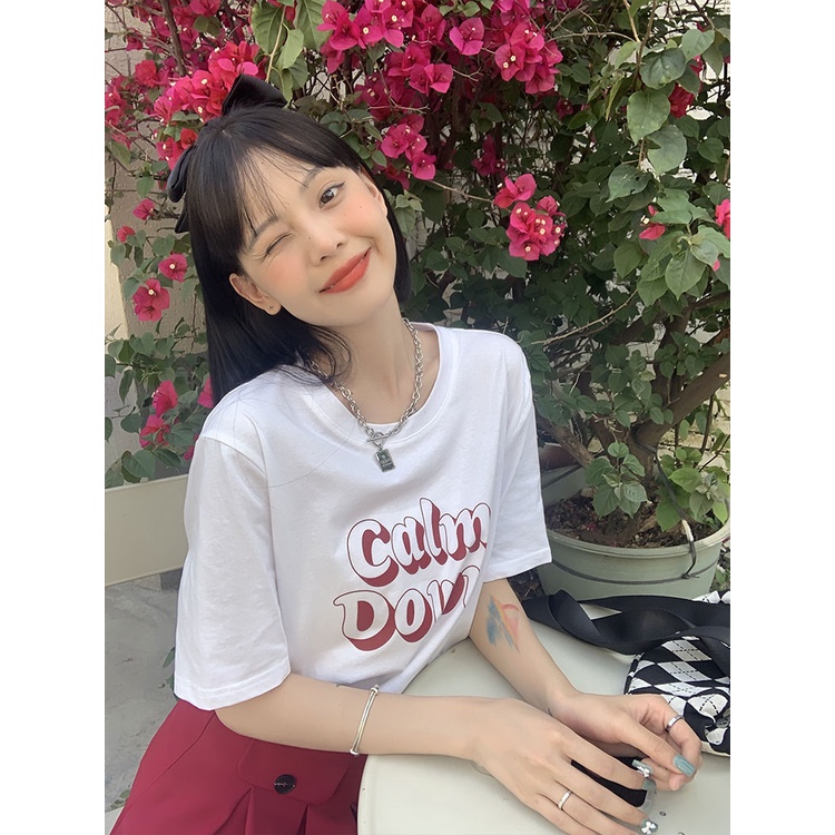 Áo Thun Nữ Ngắn Tay Cổ Tròn In Chữ Thời Trang