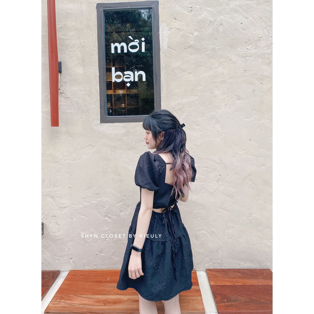 [ Rẻ Vô Địch - Hàng Sẵn ] Váy 2 lớp cổ vuông tay bồng cột dây lưng, Đầm babydoll gấm hoa nổi cột dây - Shyn.Closet | BigBuy360 - bigbuy360.vn