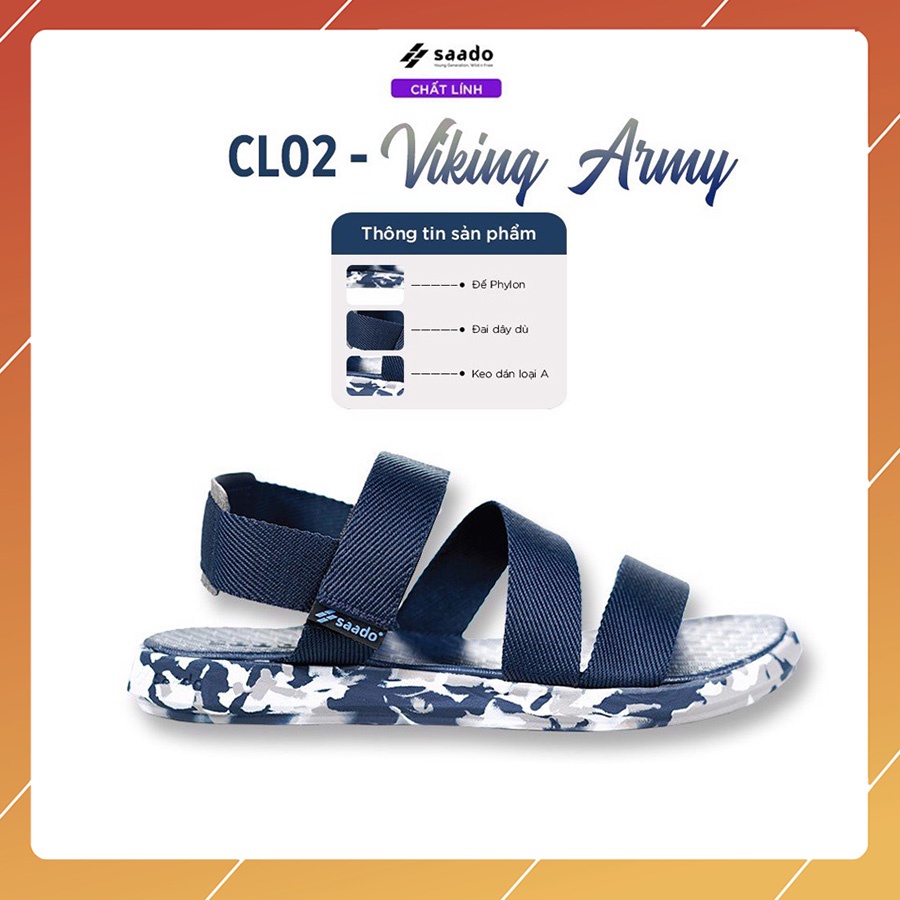 Sandal Saado chính hãng CL02 màu xanh navy đế rằn ri Đội Quân Viking, Dép quai hậu nam nữ đi học đi làm