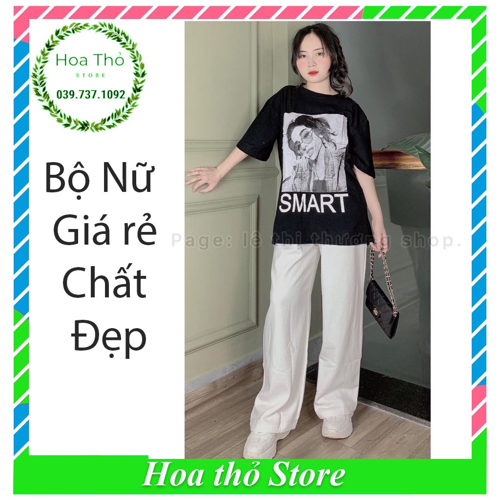 Set đồ quần vải suông màu trắng kèm áo thun đen tay lỡ in hình cô gái, quần tây nữ màu trắng dáng suông ống rộng