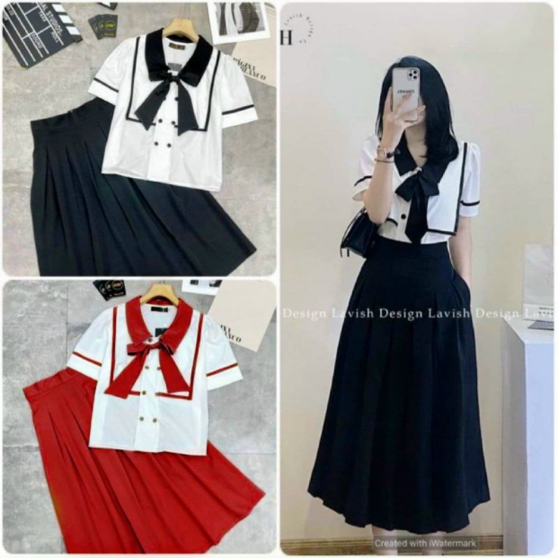 sét váy rời 2 món áo trắng tay ngắn cổ có nơ chạy viền' chân váy xòe xếp ly.chân váy mix với áo trắng
