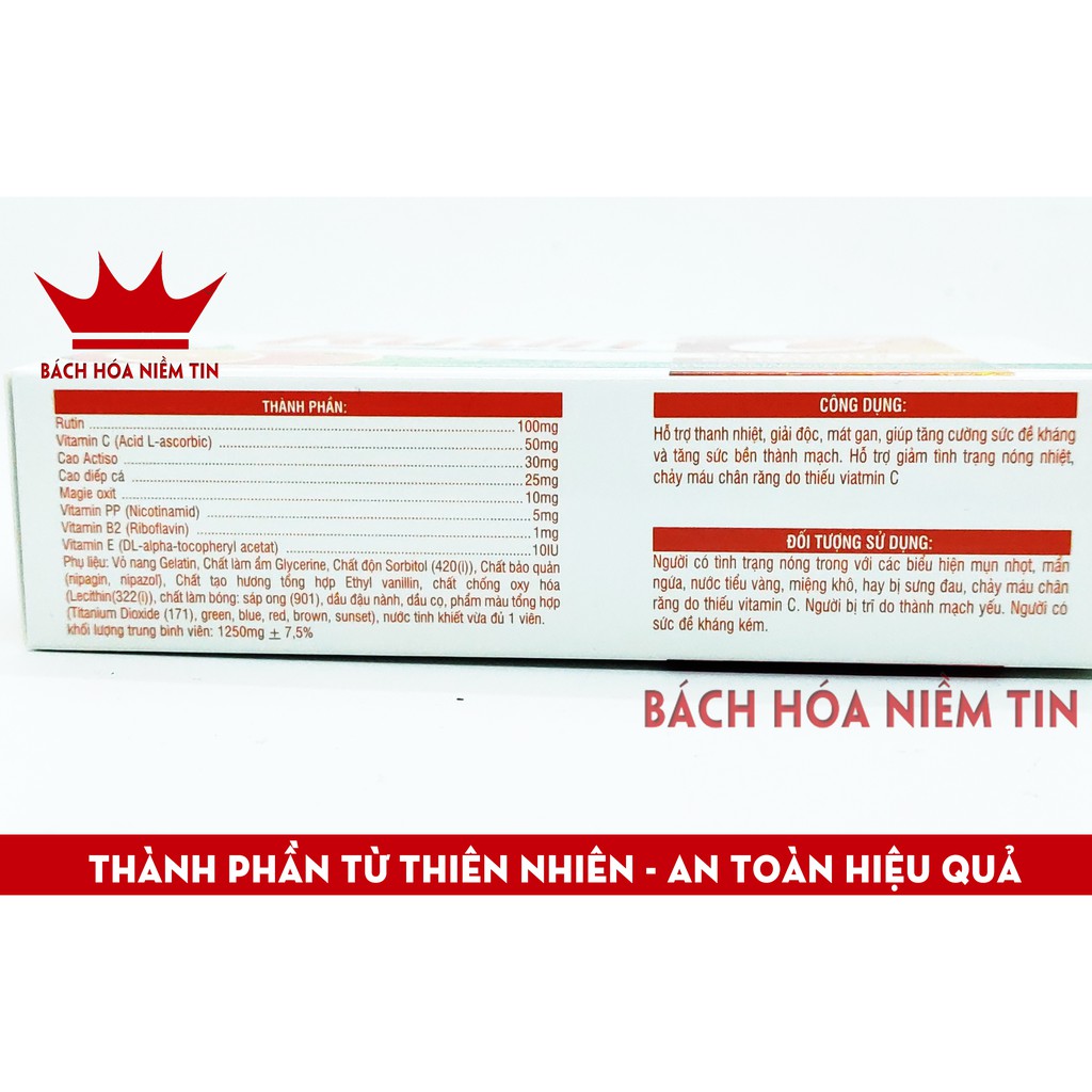 Viên Uống Rutin C - giảm viêm nhiệt miệng, giảm táo bón, tiêu trĩ, nhuận tràng, thanh nhiệt cơ thể - Hộp 30v