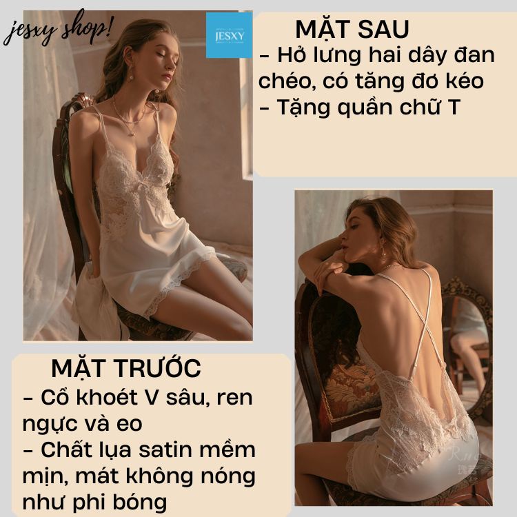 Váy ngủ lụa, đầm ngủ sexy phối ren hàng Quảng Châu Cao Cấp, Chất Liệu Lụa Satin Mềm Mịn JesxyShop D1170