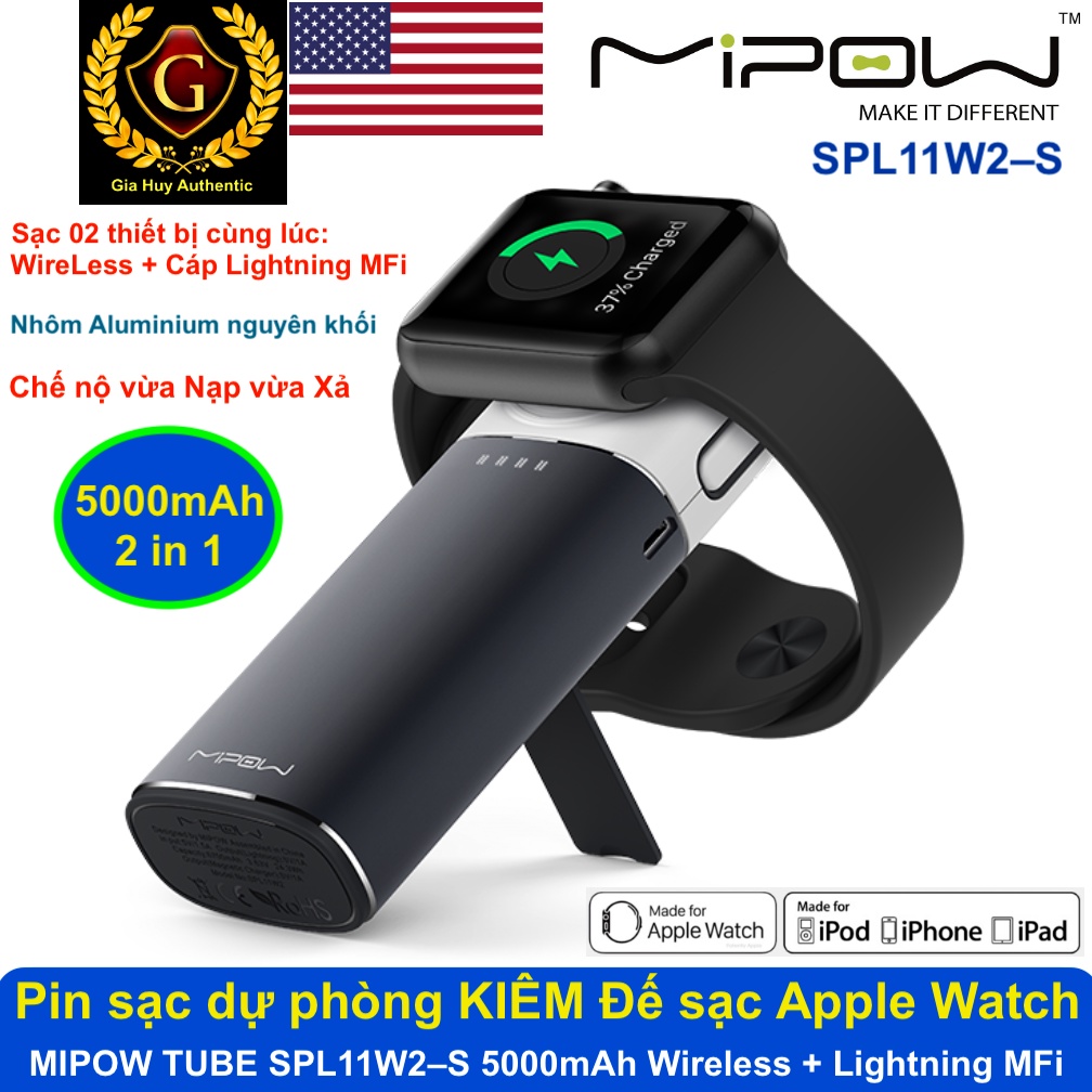 Pin sạc dự phòng Không Dây MIPOW SPL11W2–S POWER TUBE 5000 W2 - Made for Apple Watch/ iPhone/ AirPods