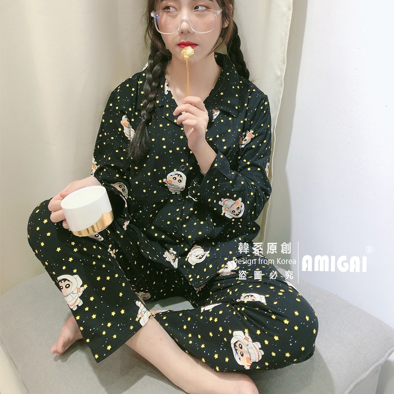 Pajamas dài tay in hình cậu bé bút chì làm phi hành gia phong cách hàn quốc đáng yêu