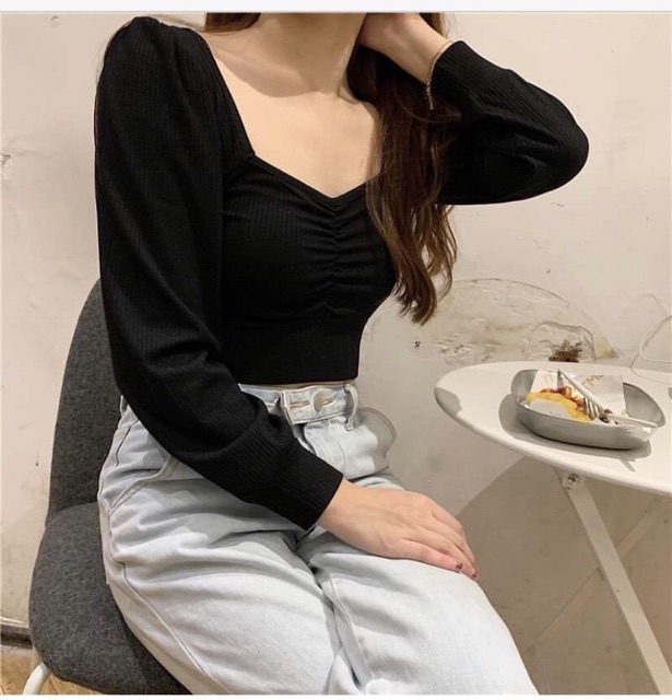 Áo kiểu croptop tay dài nhún ngực thun gân