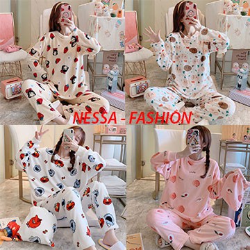 Bộ Đồ Ngủ Nữ - Pijama Quần Áo Mặc Ở Nhà Dài Tay Vải Nhung Bông Mùa Đông Xuân Thu Dễ Thương Ảnh Thật +Video BĐN09