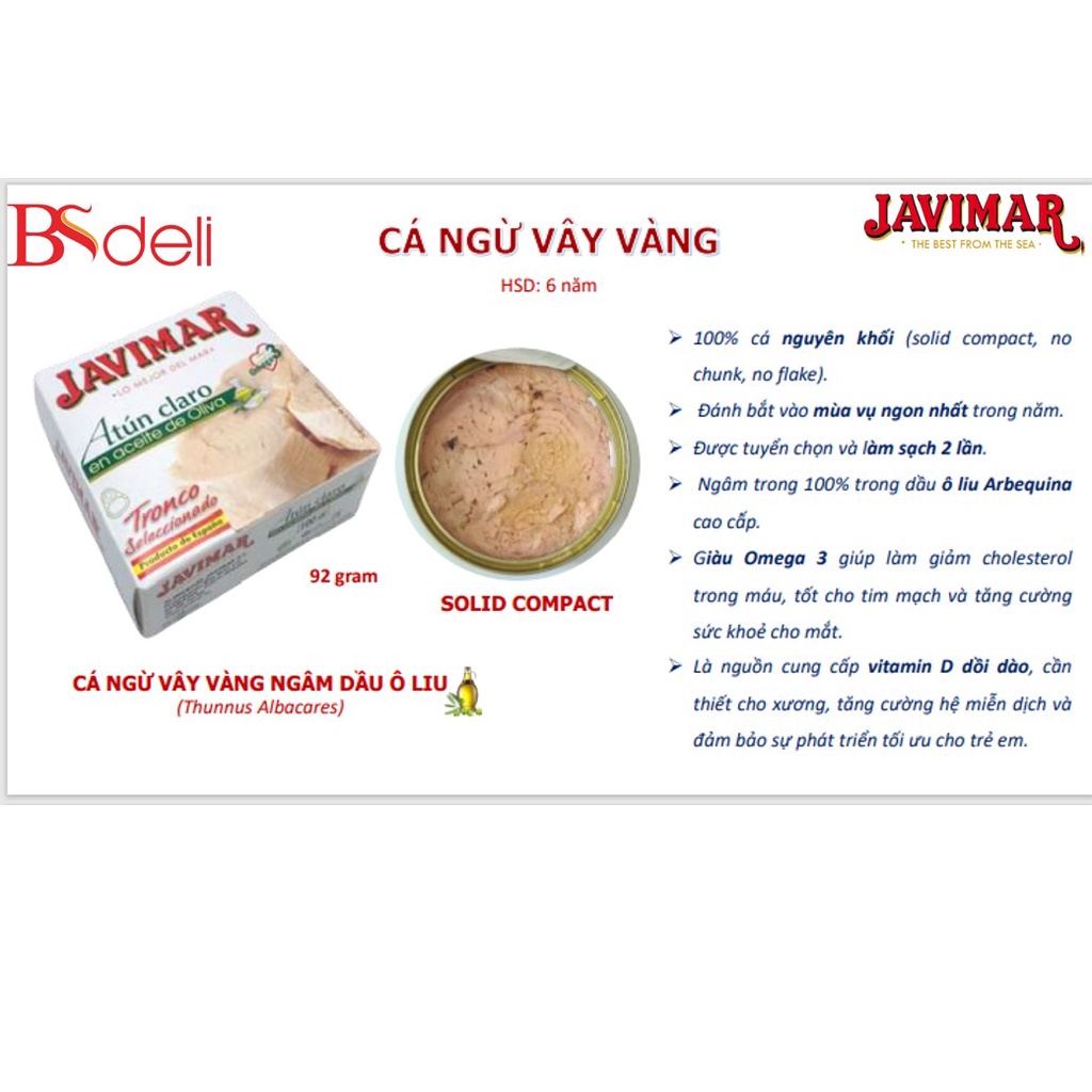 CÁ NGỪ VÂY VÀNG NGÂM DẦU Ô LIU (SOLID COMPACT) 92G – JAVIMAR