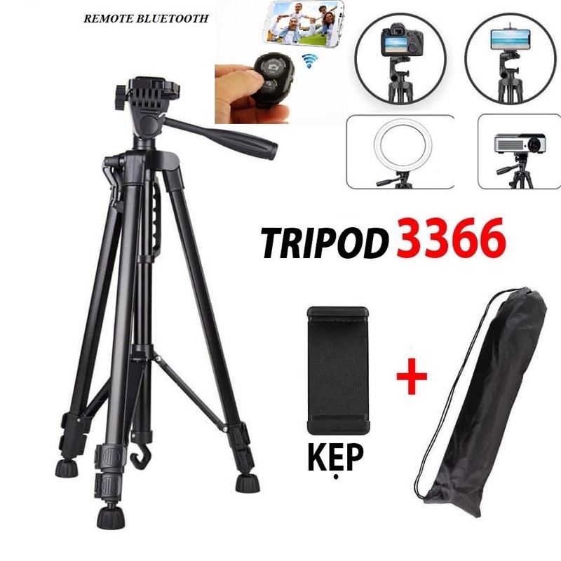 Chân Giá Đỡ Điện Thoại Và Máy Ảnh, Gậy Chụp Hình Tripod 3366 Cao Cấp 1m5 Tặng Kèm Kẹp Và Túi