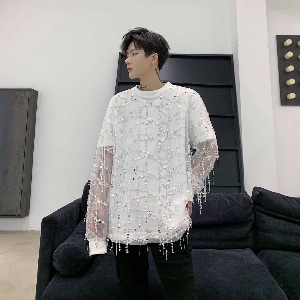 Áo Thun Nam Tay Dài Phối Lưới Mỏng Đính Kim Sa Nhìn Xuyên Thấu Phong Cách Đường Phố