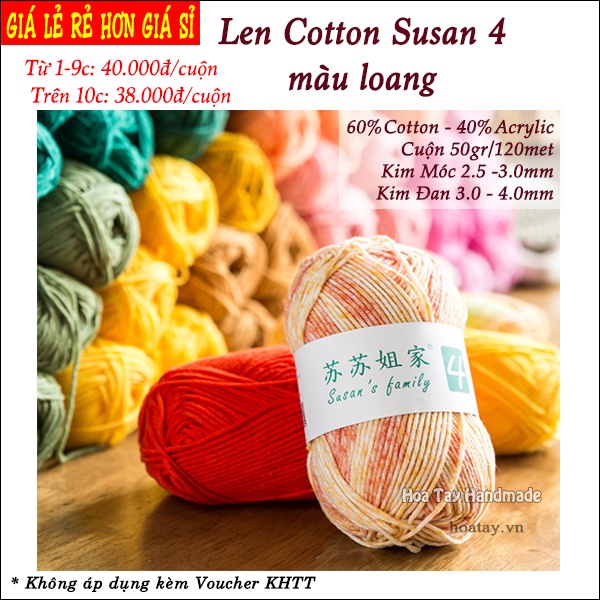 Len sợi Cotton Susan 4 màu loang dùng đan móc thủ công.