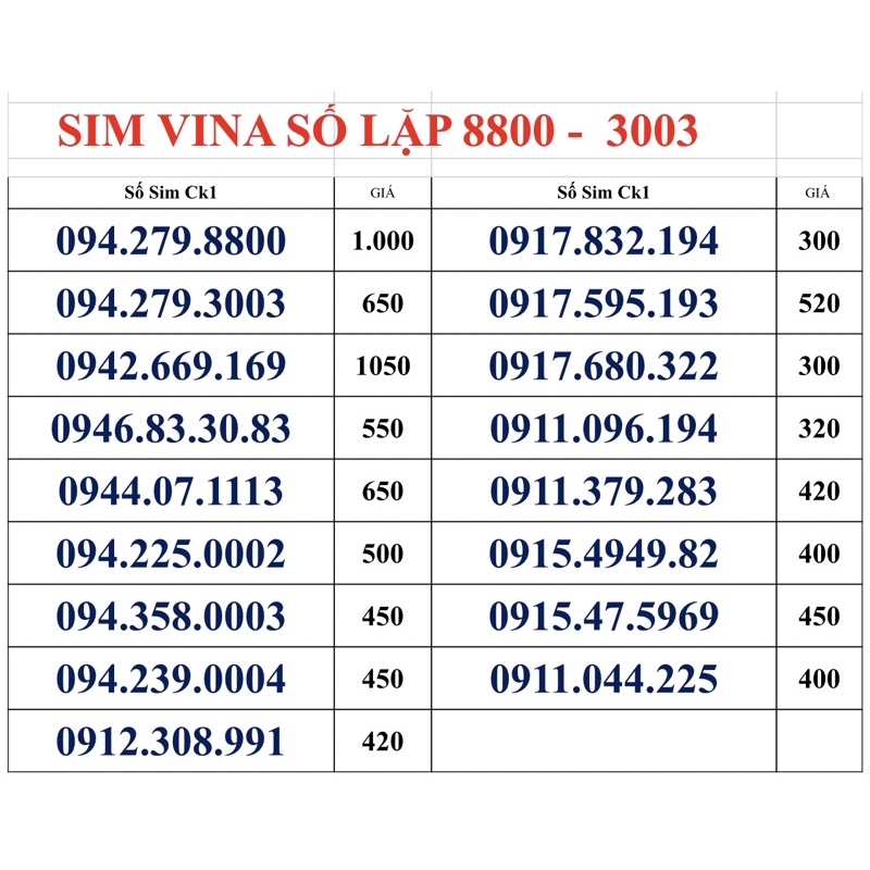Sim Vina Số Lặp 8800 - 3003. Sim phong thuỷ