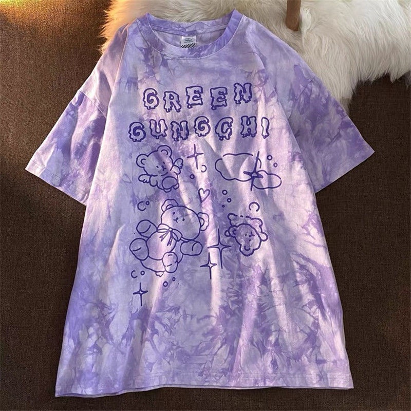 Áo Thun Tay Ngắn Dáng Rộng Màu Nhuộm Ngọt Ngào Thời Trang Mùa Hè Cho Nữ