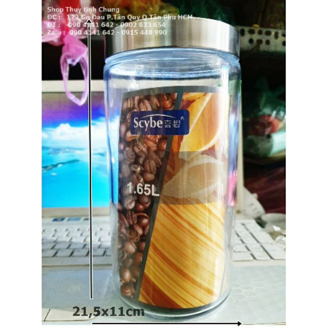 Hủ gia vị thủy tinh hình trụ nắp inox mặt kính 900ML/1250ML/1650ML