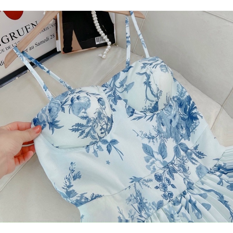 ĐẦM MAXI TẦNG 2 DÂY HOA XANH DẬP LY