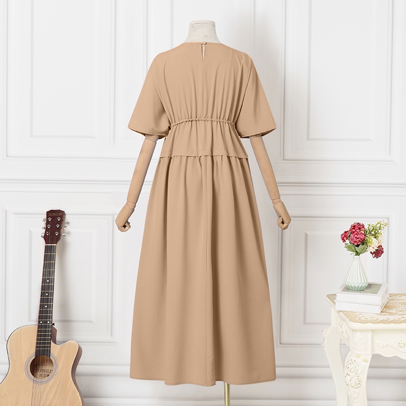 Đầm maxi ZANZEA tay ngắn cổ tròn dáng rộng màu trơn phối dây rút thời trang dành cho nữ