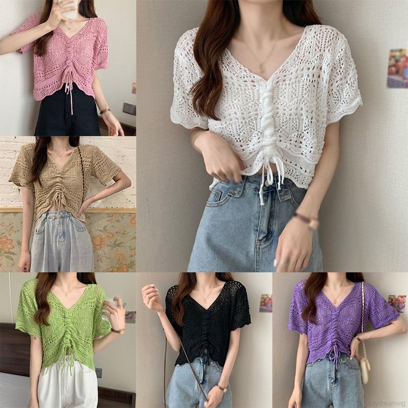 Áo Croptop Tay Phồng Ngắn Cổ Chữ V Thời Trang Hè Cho Nữ