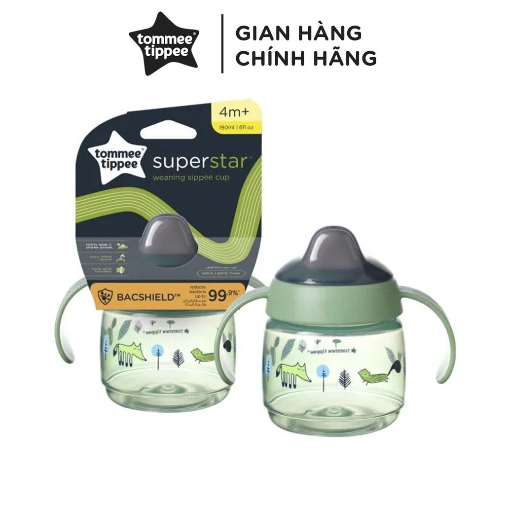 Bình tập uống nước có vòi mút kháng khuẩn chống tràn, chống sặc cho bé Tommee Tippee SuperStar, 190ml – Xanh lá