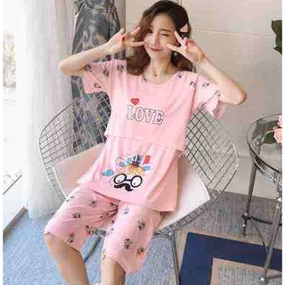 bd8    Bộ đồ ngủ BẦU  trước và sau sinh mùa hè dạng cộc tay chất cotton dễ thương