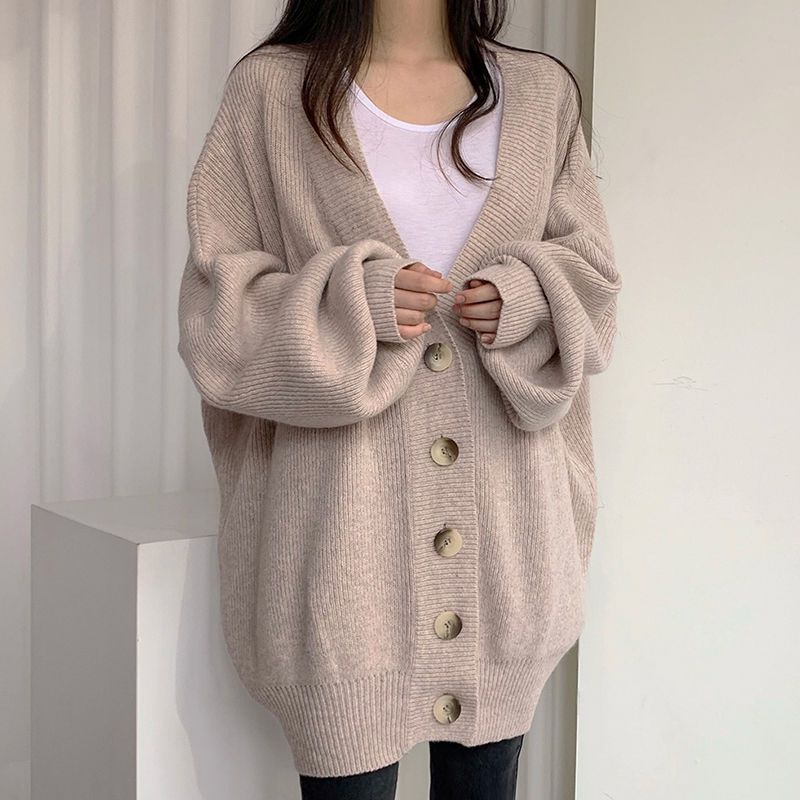 Áo Khoác Len Cardigan Suông Nữ Màu Xám Ghi Be Cổ Chữ V Dáng Rộng Tay Dài Mềm Mại Thời Trang Mùa Đông Hàn Quốc