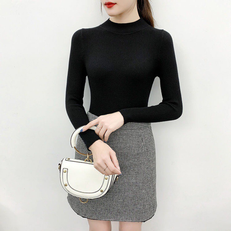 Áo len CHIPXINH cổ 3 phân, dài tay, form dáng ôm - màu đen