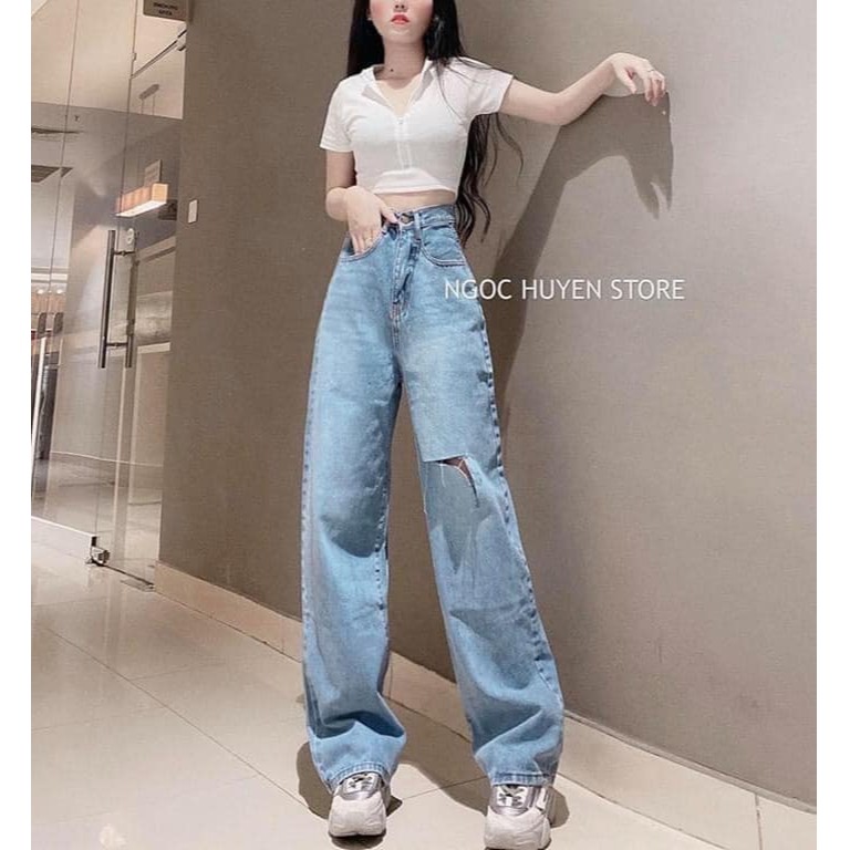 Quần jeasn nữ ống rộng Shynstores - quần jeans suông Unisex rách gối dáng dài vải dẹp freeship