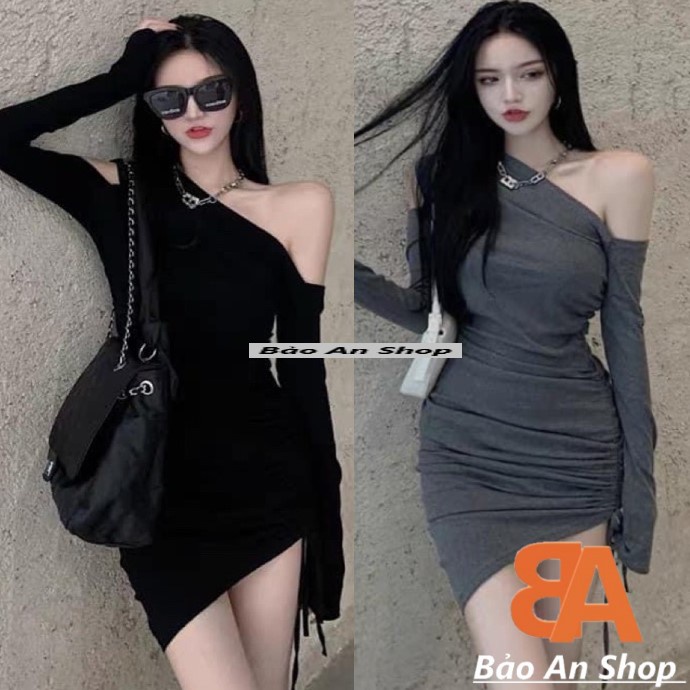 Đầm body xẻ vai kiểu rút 1 bên xám đen