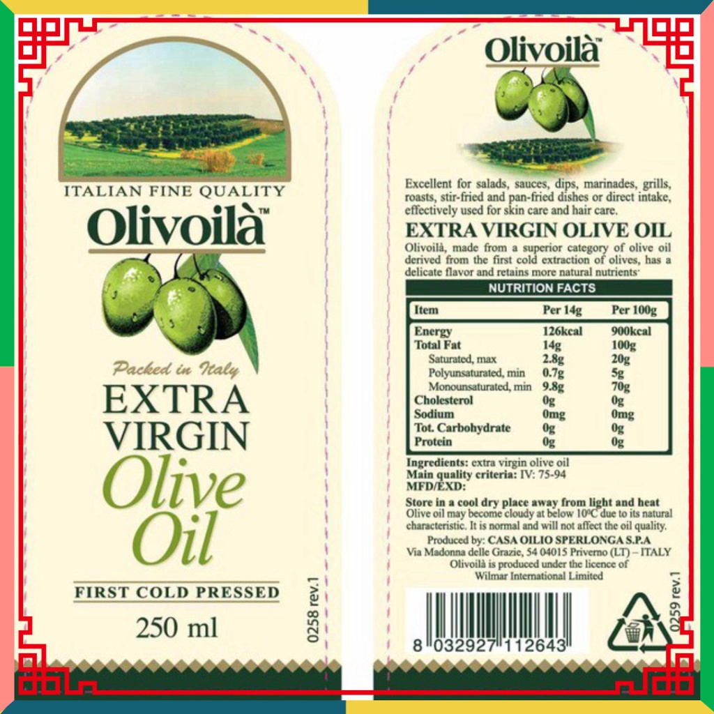 (HOT LIKE) Dầu Oliu Olive thuần chất Olivoila Extra Virgin 250ml