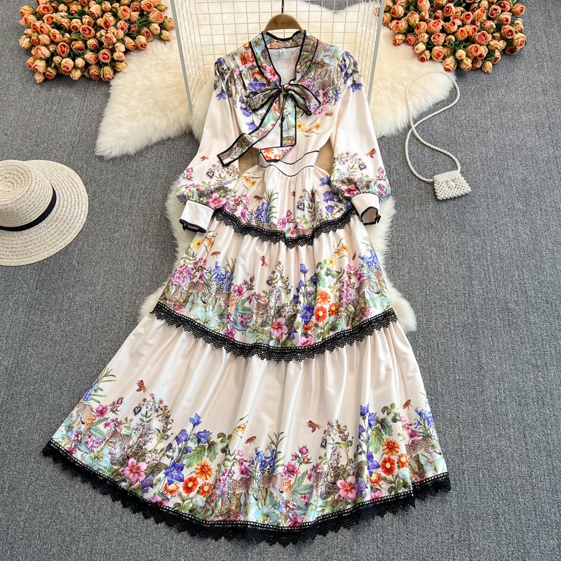 Đầm retro thắt nơ in ren khâu váy đầm cao cấp nhẹ đầm xoay lớn