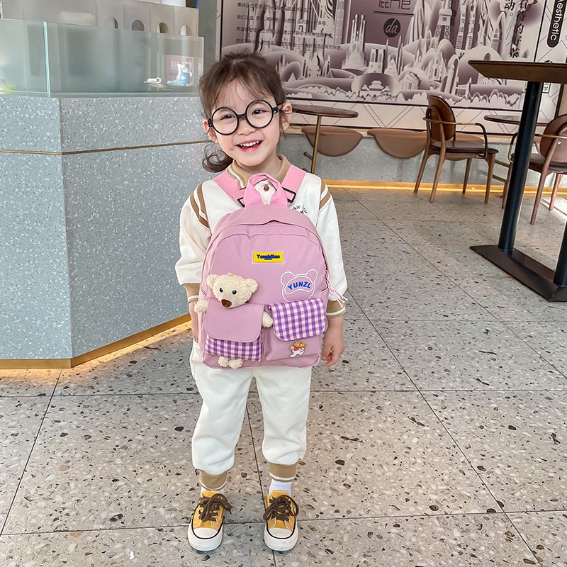 Balo mẫu mới cho bé kèm gấu đính trên cặp siêu cute, Hàng Quảng Châu Cao Cấp