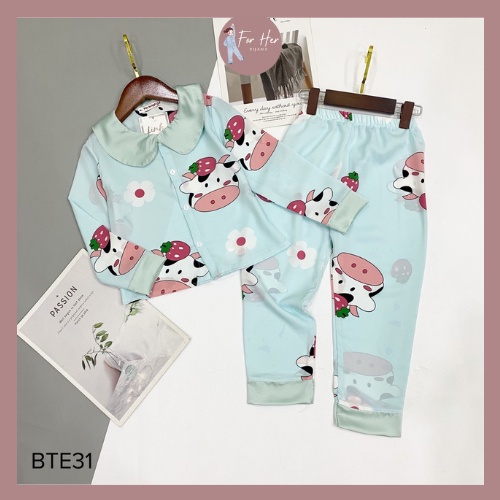 Đồ ngủ pizama cổ sen dài tay cho bé gái vải lụa mango cao cấp pijama cực xinh cho bé từ 10kg - 32kg